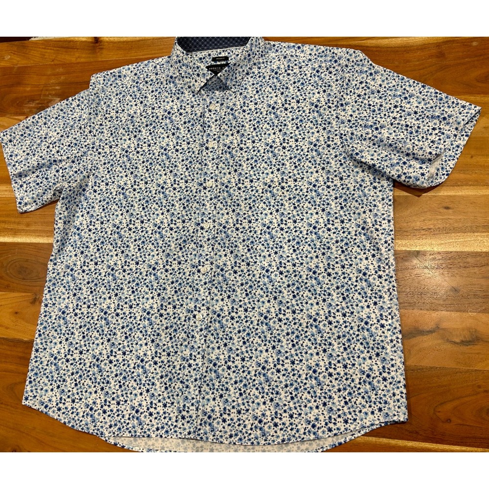 Pronto Uomo Mens XXL Modern Fit Short Sleeve Floral Button Down Shirt Blue White